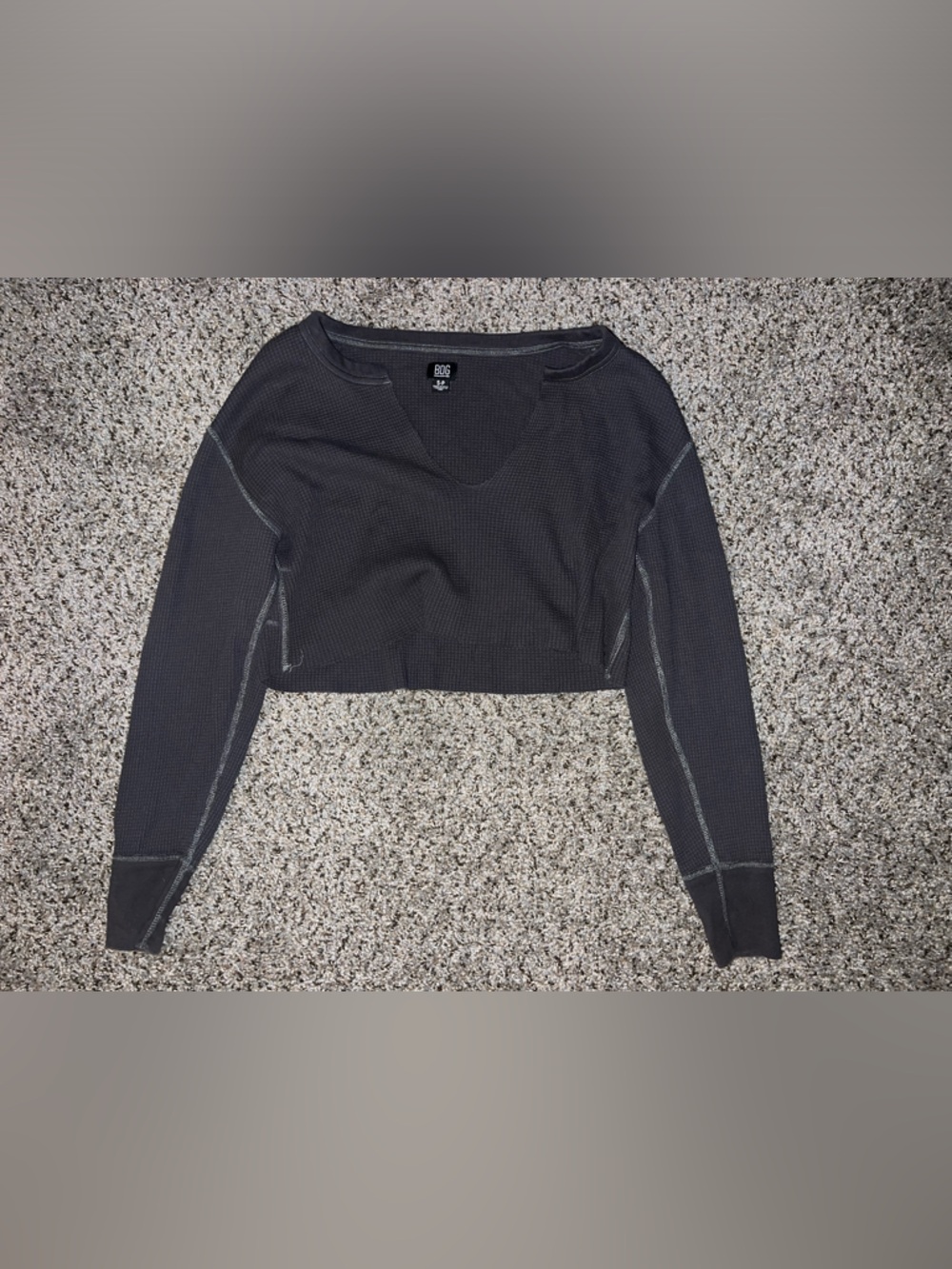 BDG Black Cropped Waffle-Texture Long Sleeve Top